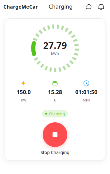 ChargeMeCar Driver - Bildschirm des laufenden Ladevorgangs