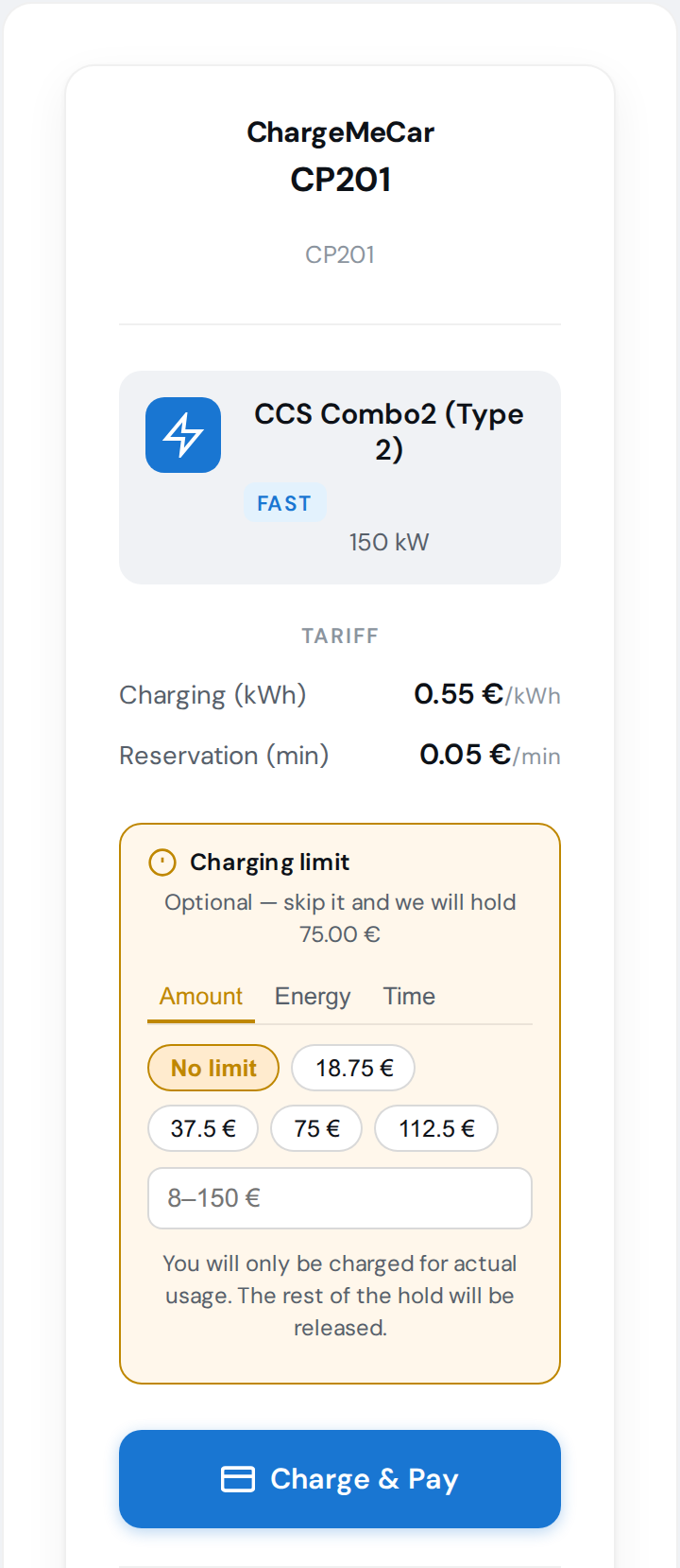 ChargeMeCar Pay - Limit wählen und per QR-Code zahlen
